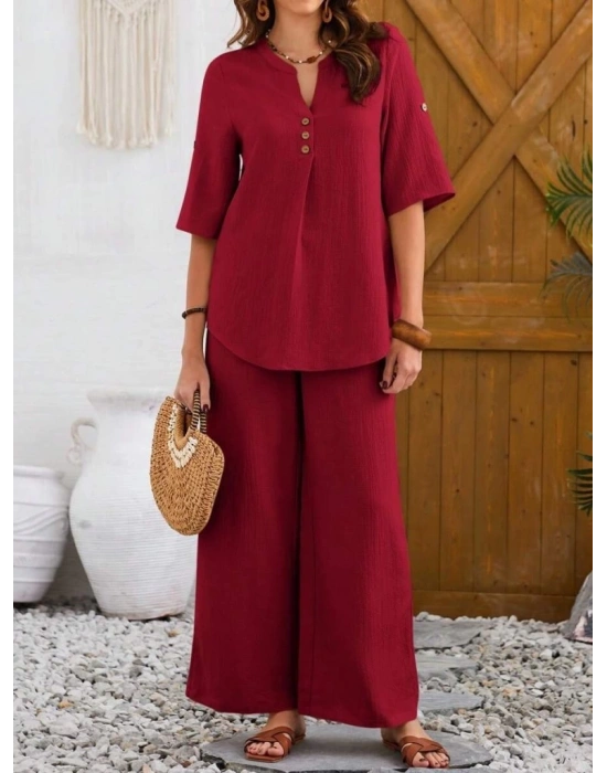 Kadın Kısa Kollu V Hakim Yaka Düğmeli Bürümcük Bluz Ve Pantolon Ikili Takım