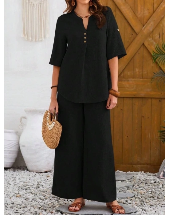 Kadın Kısa Kollu V Hakim Yaka Düğmeli Bürümcük Bluz Ve Pantolon Ikili Takım