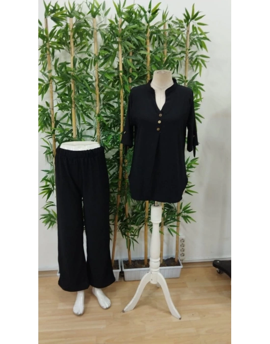 Kadın Kısa Kollu V Hakim Yaka Düğmeli Bürümcük Bluz Ve Pantolon Ikili Takım