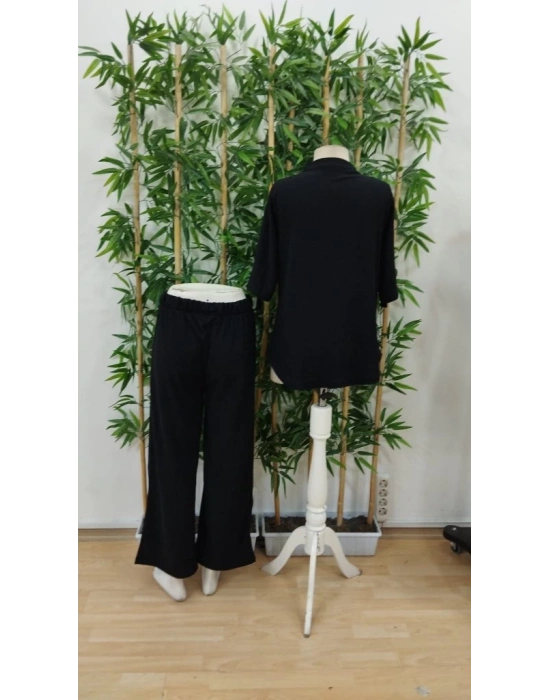 Kadın Kısa Kollu V Hakim Yaka Düğmeli Bürümcük Bluz Ve Pantolon Ikili Takım