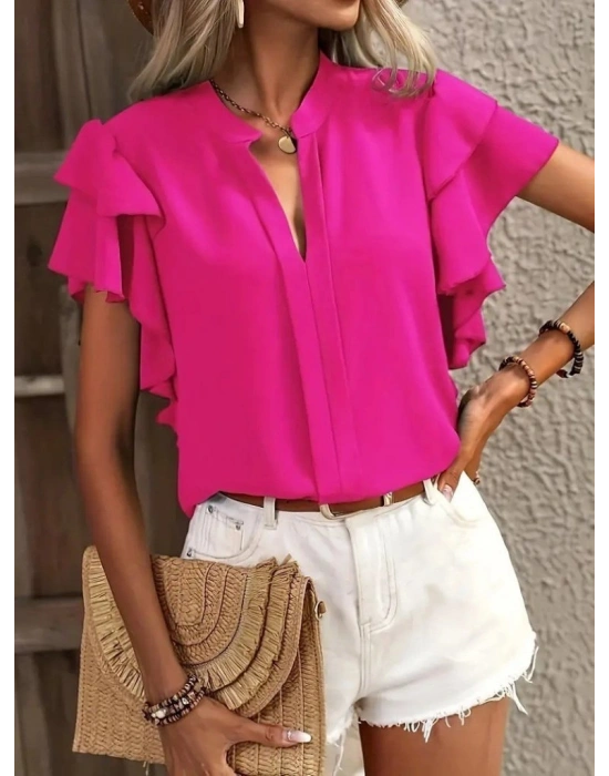 Kadın Kısa Kollu V Hakim Yaka Kolları Fırfırlı Dubai Bluz
