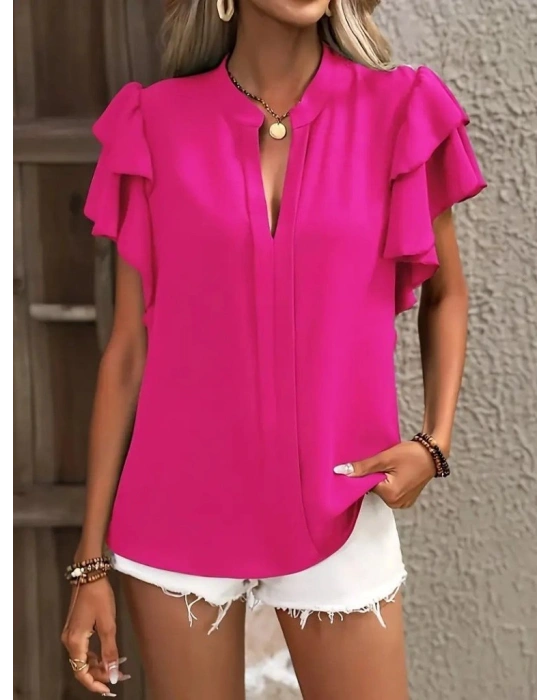 Kadın Kısa Kollu V Hakim Yaka Kolları Fırfırlı Dubai Bluz