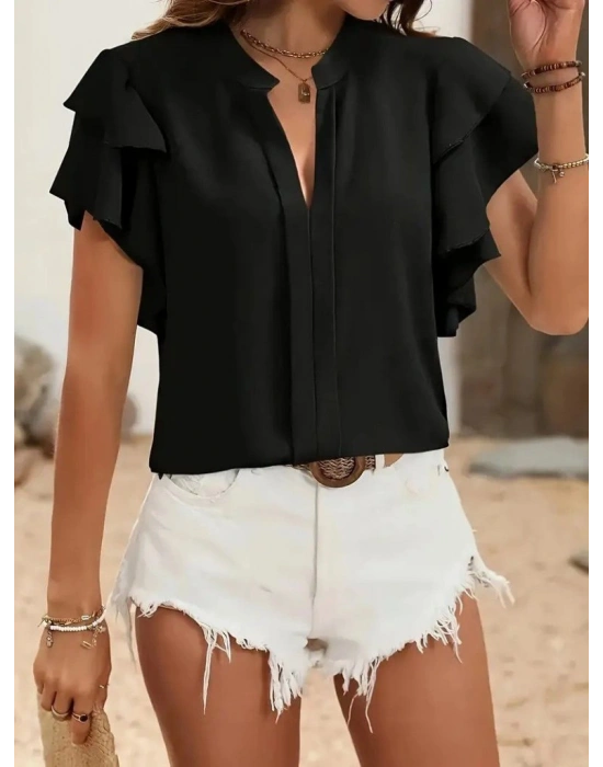 Kadın Kısa Kollu V Hakim Yaka Kolları Fırfırlı Dubai Bluz
