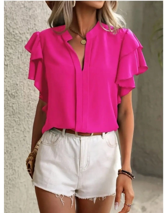 Kadın Kısa Kollu V Hakim Yaka Kolları Fırfırlı Dubai Bluz