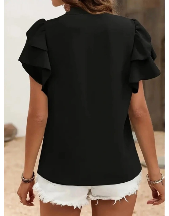 Kadın Kısa Kollu V Hakim Yaka Kolları Fırfırlı Dubai Bluz