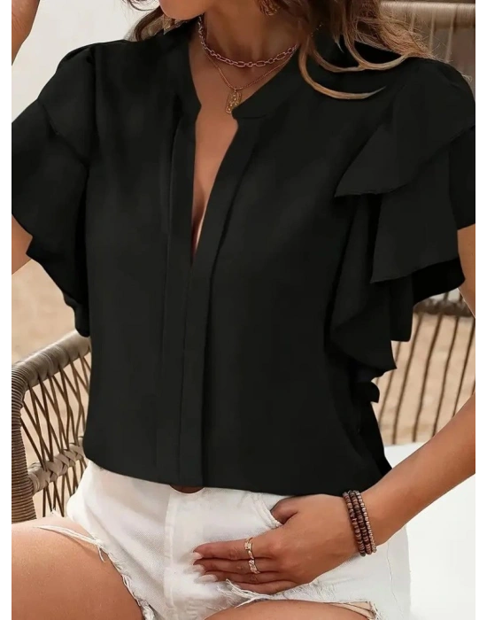 Kadın Kısa Kollu V Hakim Yaka Kolları Fırfırlı Dubai Bluz