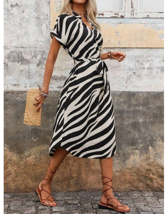 Kadın Kısa Kollu V Hakim Yakalı Zebra Desenli Midi Süprem Elbise