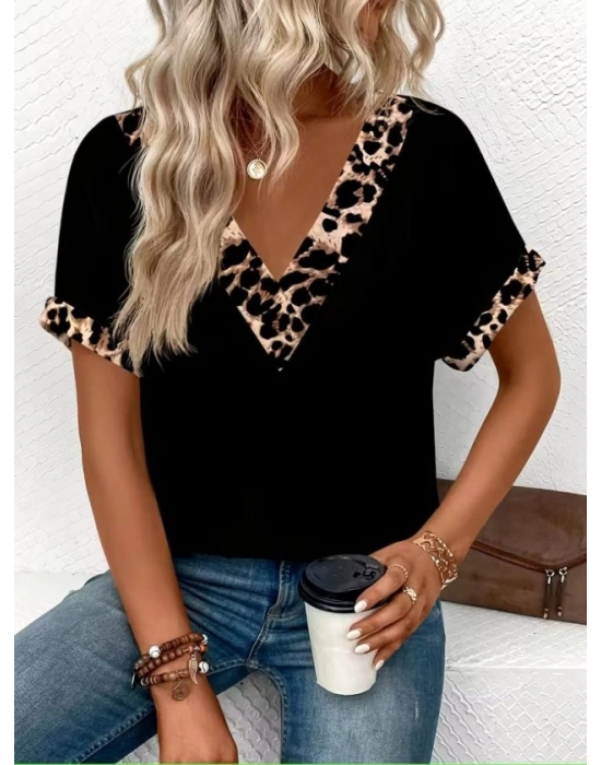Kadın Kısa Kollu V Leopar Yakalı Viskon Bluz