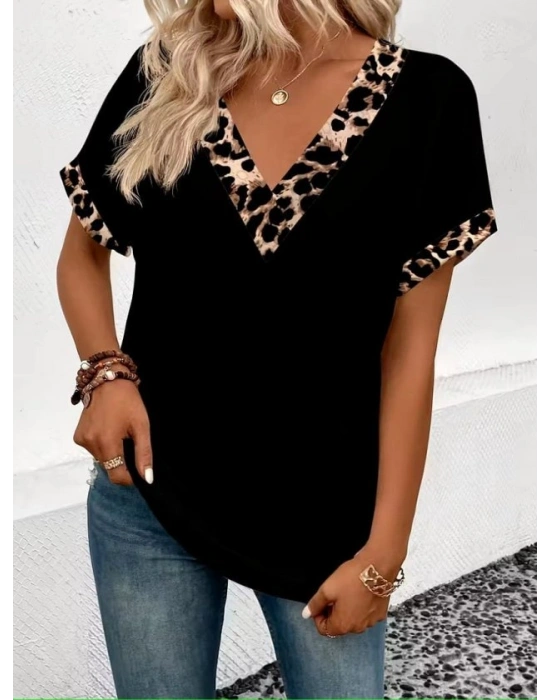 Kadın Kısa Kollu V Leopar Yakalı Viskon Bluz