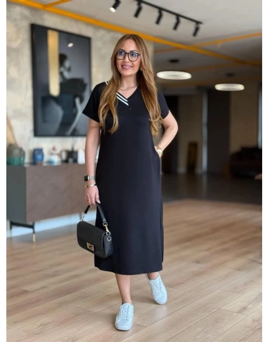 Kadın Kısa Kollu V Ribana Yakalı Yırtmaçlı Midi Viskon Iki Iplik Elbise