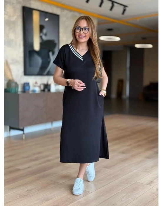 Kadın Kısa Kollu V Ribana Yakalı Yırtmaçlı Midi Viskon Iki Iplik Elbise