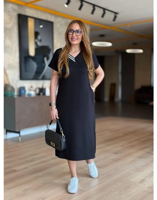 Kadın Kısa Kollu V Ribana Yakalı Yırtmaçlı Midi Viskon Iki Iplik Elbise