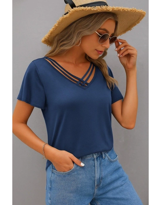 Kadın Kısa Kollu V şerit Yakalı Viskon Bluz