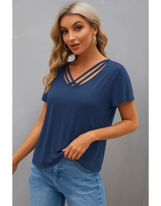 Kadın Kısa Kollu V şerit Yakalı Viskon Bluz