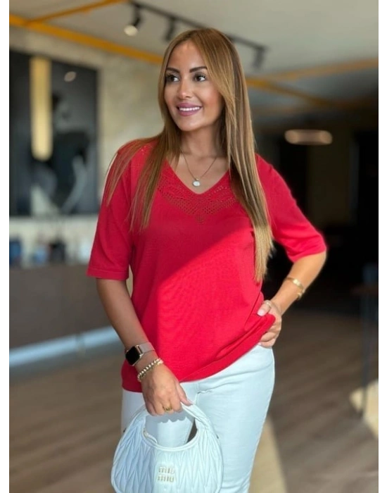 Kadın Kısa Kollu V Yaka Ajurlu Triko BluZ