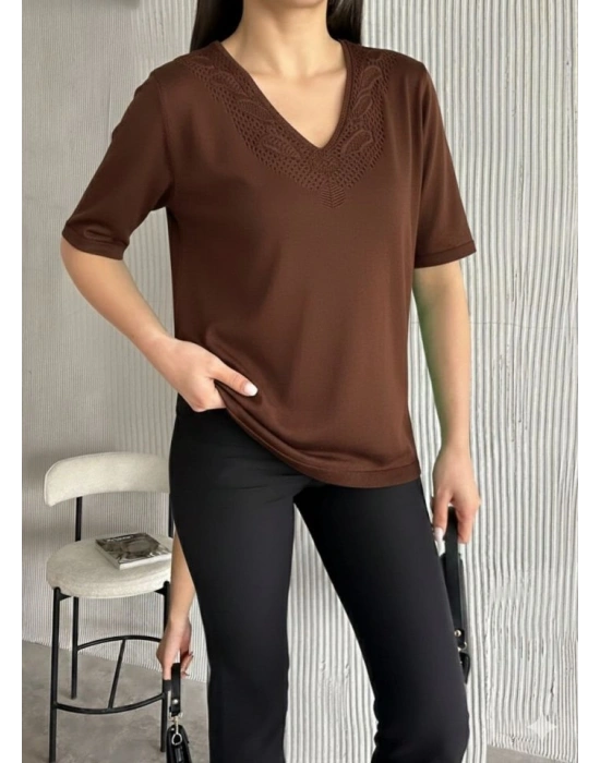 Kadın Kısa Kollu V Yaka Ajurlu Triko BluZ