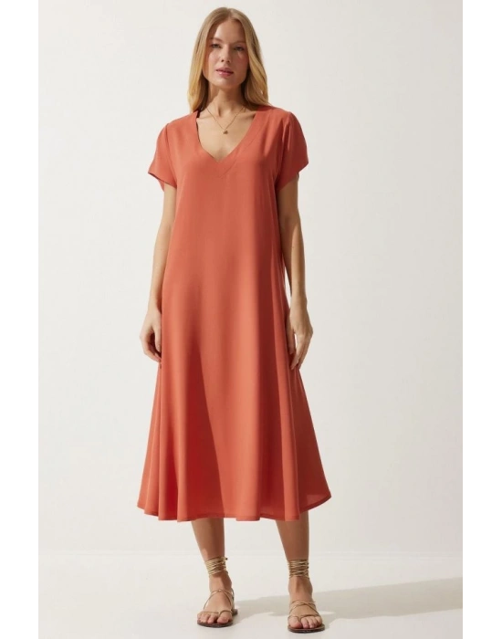 Kadın Kısa Kollu V Yaka alaş Maxi Boy Elbise