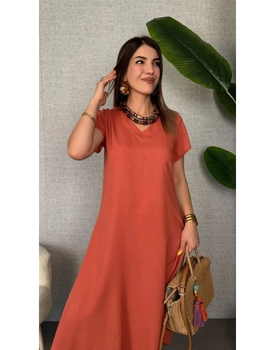 Kadın Kısa Kollu V Yaka alaş Maxi Boy Elbise