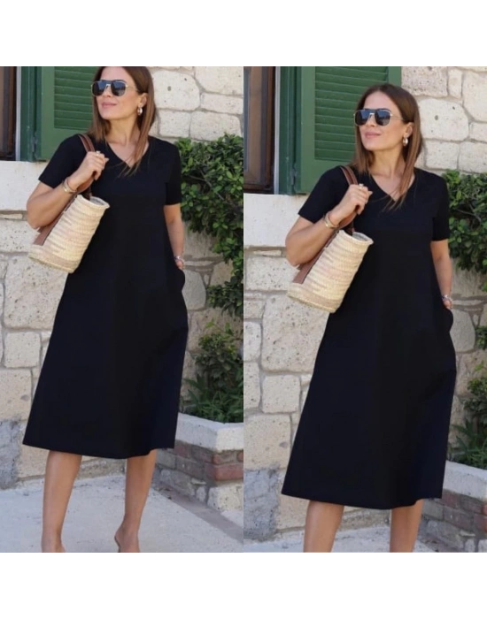 Kadın Kısa Kollu V Yaka Cepli A Kesim Detaylı Viskon Elbise