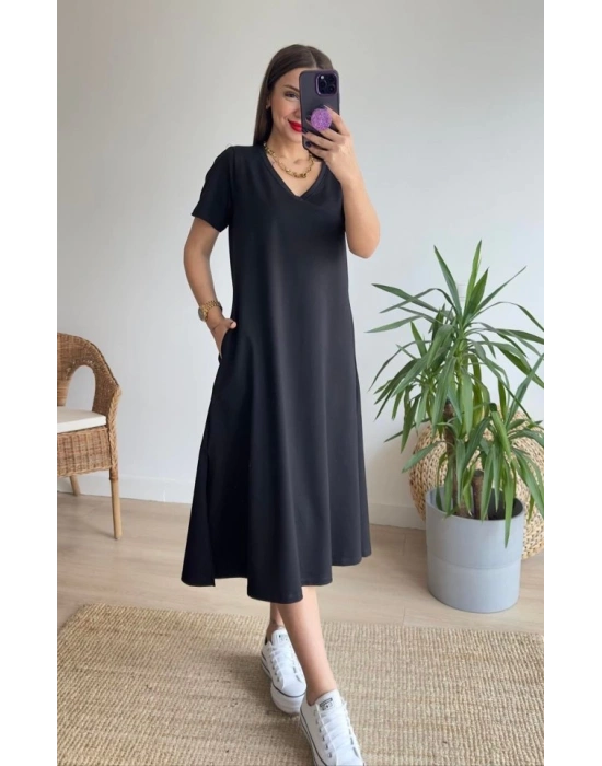 Kadın Kısa Kollu V Yaka Cepli A Kesim Detaylı Viskon Elbise