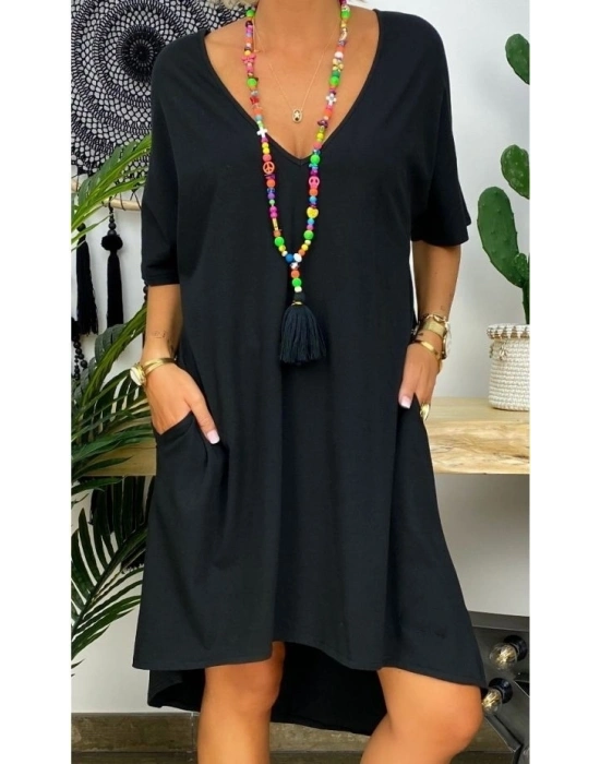 Kadın Kısa Kollu V Yaka Cepli Bürümcük Salaş Elbise