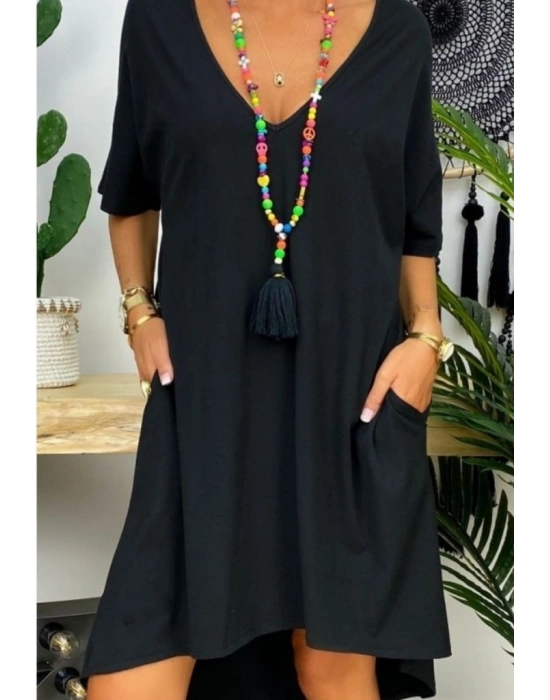 Kadın Kısa Kollu V Yaka Cepli Bürümcük Salaş Elbise