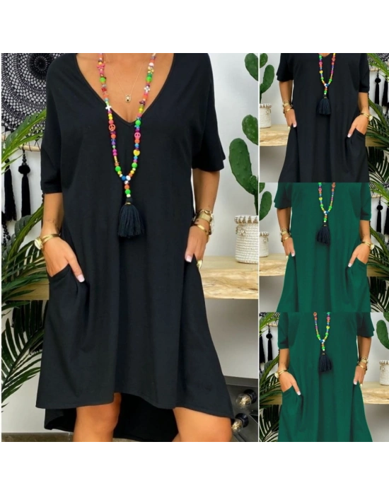 Kadın Kısa Kollu V Yaka Cepli Bürümcük Salaş Elbise