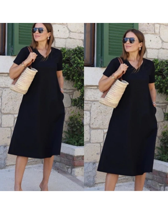 Kadın Kısa Kollu V Yaka Cepli Midi Boy Viskon Elbise