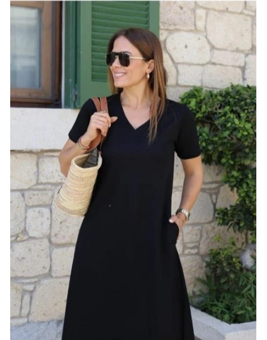 Kadın Kısa Kollu V Yaka Cepli Midi Boy Viskon Elbise
