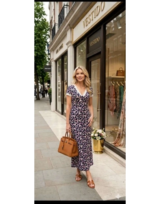 Kadın Kısa Kollu V Yaka çiçek Baskılı Dantel Detay axi Boy ikralı Viskon Elbise