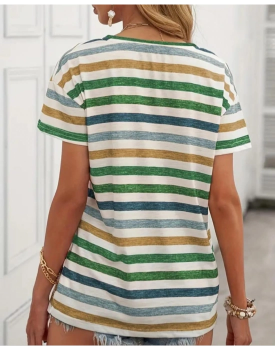 Kadın Kısa Kollu V Yaka çizgili Süprem Tshirt