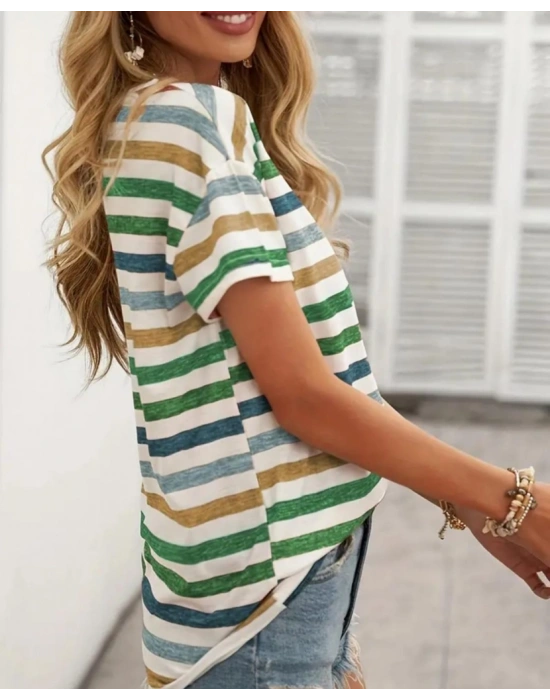 Kadın Kısa Kollu V Yaka çizgili Süprem Tshirt