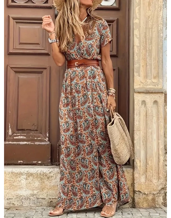 Kadın Kısa Kollu V Yaka Etnik Desenli Yırtmaç Detay Süprem Elbise (kemersiz)