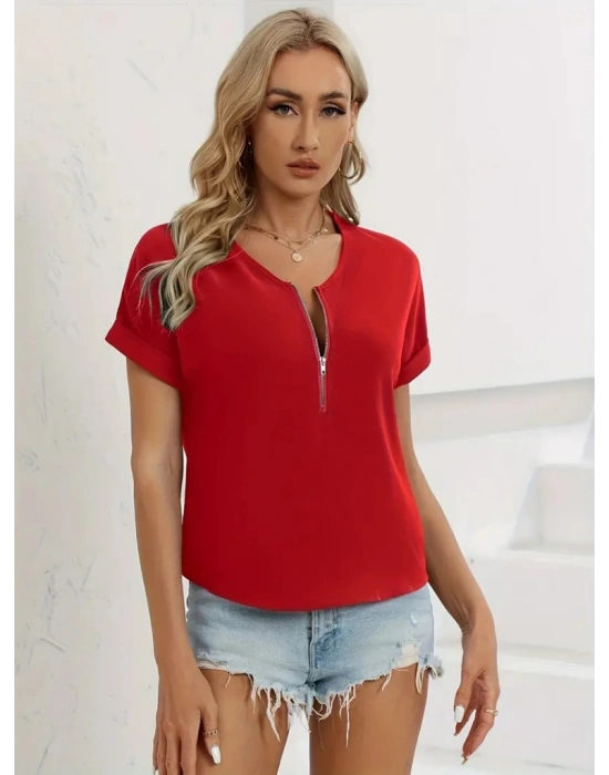 Kadın Kısa Kollu V Yaka Fermuarlı Salaş Sandy Bluz
