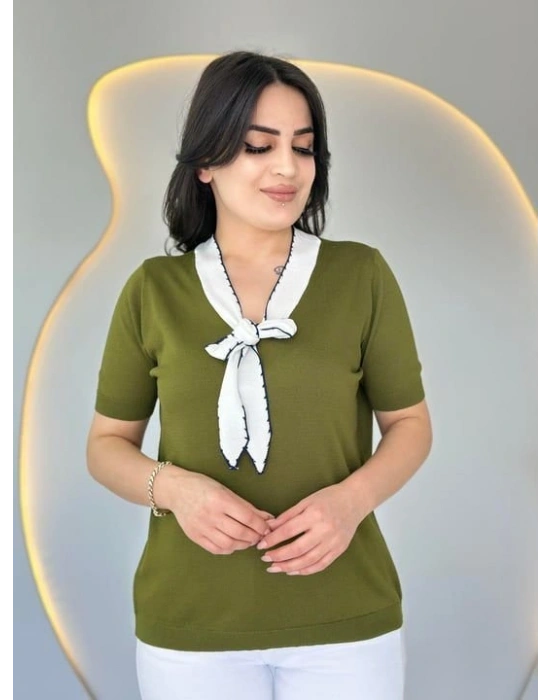 Kadın Kısa Kollu V Yaka Fular Detay Merserize Triko Bbluz