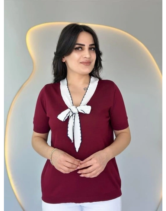 Kadın Kısa Kollu V Yaka Fular Detay Merserize Triko Bbluz