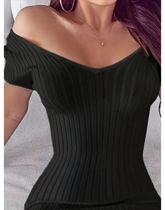 Kadın Kısa Kollu V Yaka Geniş Fitilli Mini Triko Elbise