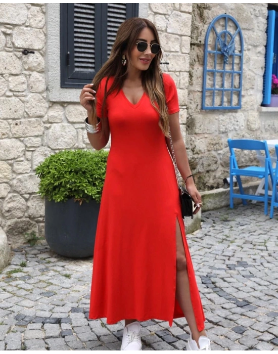 Kadın Kısa Kollu V Yaka Maxi Boy Elbise 124 Cm