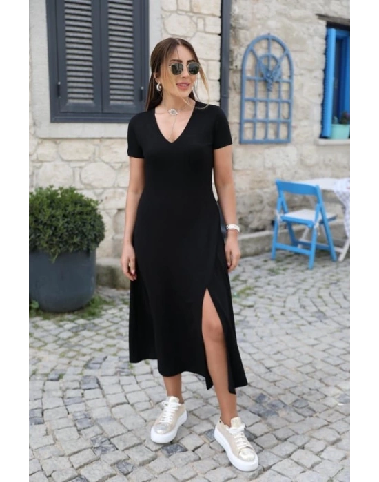 Kadın Kısa Kollu V Yaka Maxi Boy Elbise 124 Cm