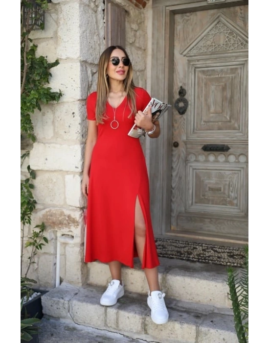 Kadın Kısa Kollu V Yaka Maxi Boy Elbise 124 Cm