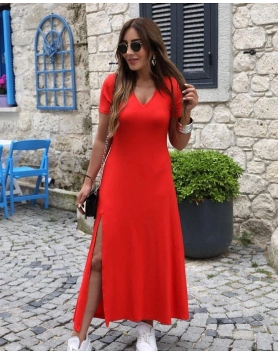 Kadın Kısa Kollu V Yaka Maxi Boy Elbise 124 Cm