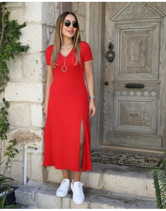 Kadın Kısa Kollu V Yaka Maxi Boy Elbise 124 Cm
