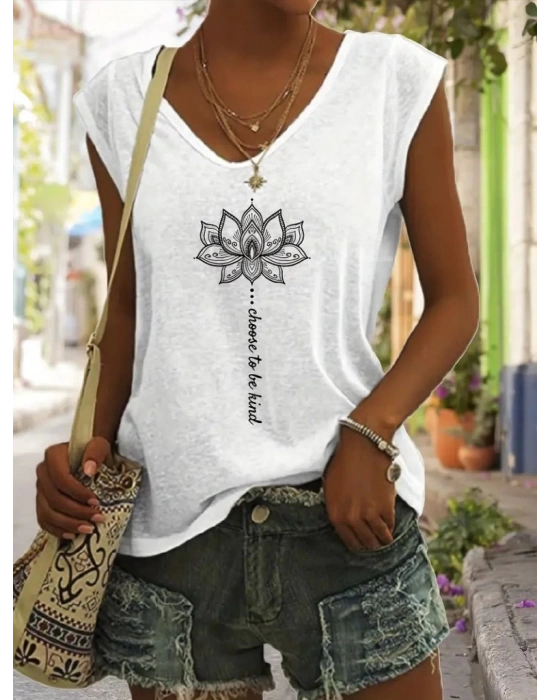 Kadın Kısa Kollu V Yaka önü Desenli Salaş Viskon Bluz