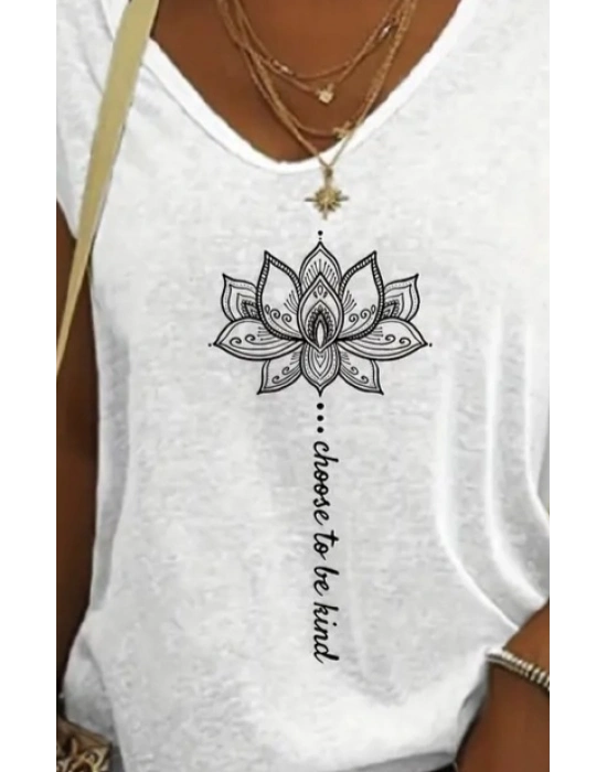 Kadın Kısa Kollu V Yaka önü Desenli Salaş Viskon Bluz