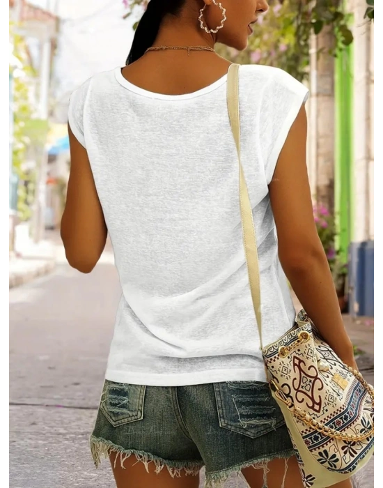 Kadın Kısa Kollu V Yaka önü Desenli Salaş Viskon Bluz