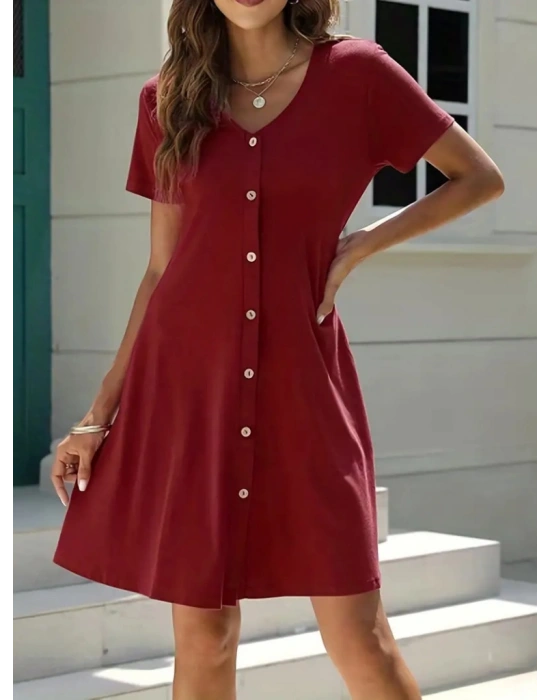 Kadın Kısa Kollu V Yaka önü Düğmeli Viskon Elbise