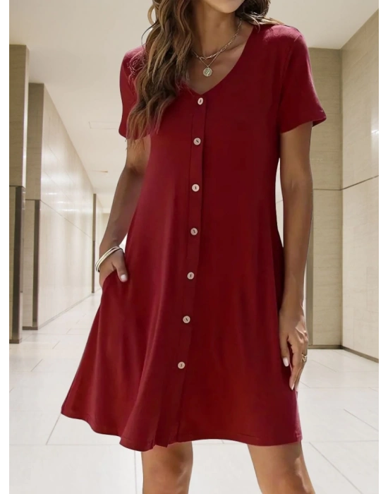 Kadın Kısa Kollu V Yaka önü Düğmeli Viskon Elbise