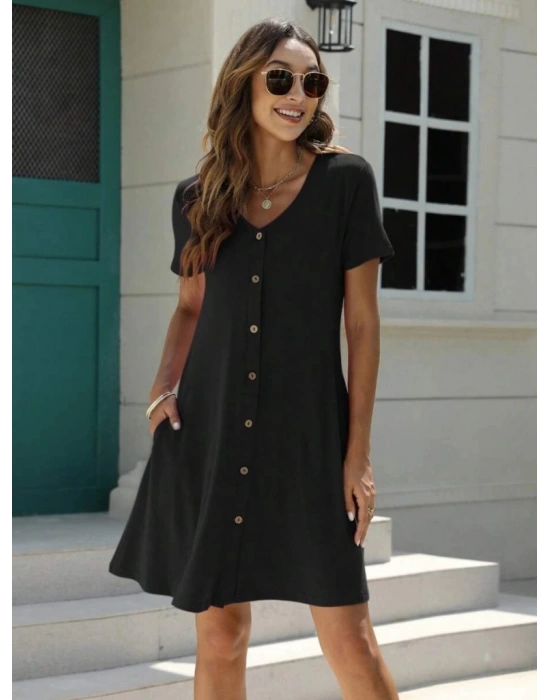 Kadın Kısa Kollu V Yaka önü Düğmeli Viskon Elbise