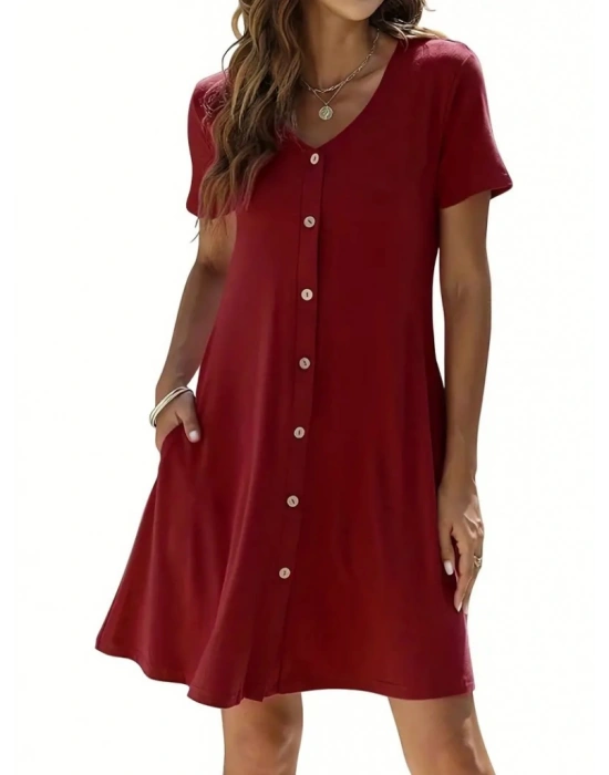 Kadın Kısa Kollu V Yaka önü Düğmeli Viskon Elbise