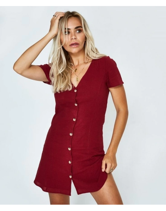 Kadın Kısa Kollu V Yaka önü Düğmeli Viskon Elbise